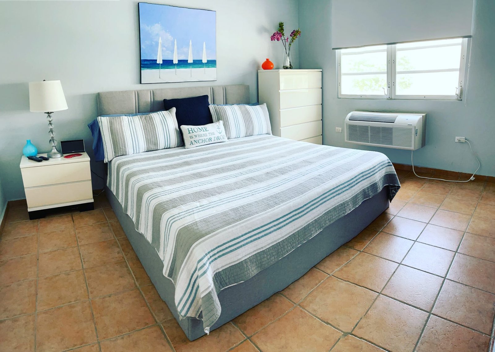 Large Master bedroom with king bed, full bath, smart TV and Bluetooth speaker.